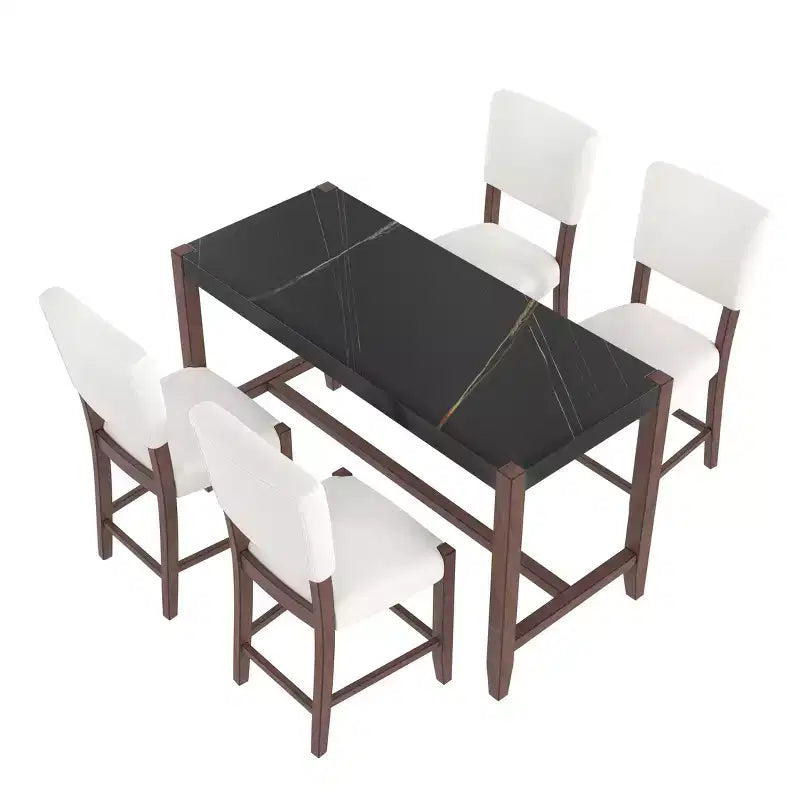 Marmeren eettafelset op aanrechthoogte voor 4 personen, 5-delige bartafelset met 4 gestoffeerde stoelen voor eetkamer, café, keuken of kleine ruimte
