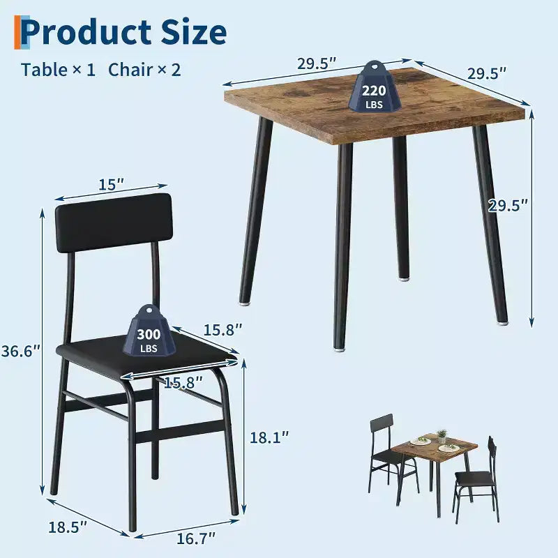Kleine eettafelset voor 2 personen, 3-delige keukentafelset met 2 gestoffeerde stoelen, ontbijttafel voor kleine ruimtes, eetkamer, appartement, restaurant