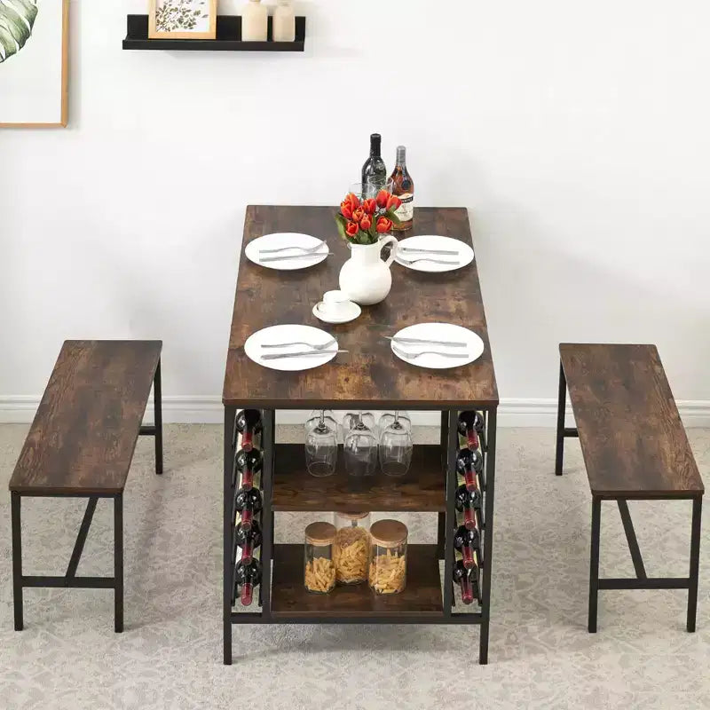 Eetkamertafelset voor 4 personen, keukentafel met 2 banken, wijnrek en opbergplank, rechthoekige eetkamerset, 3-delige eetkamertafelset