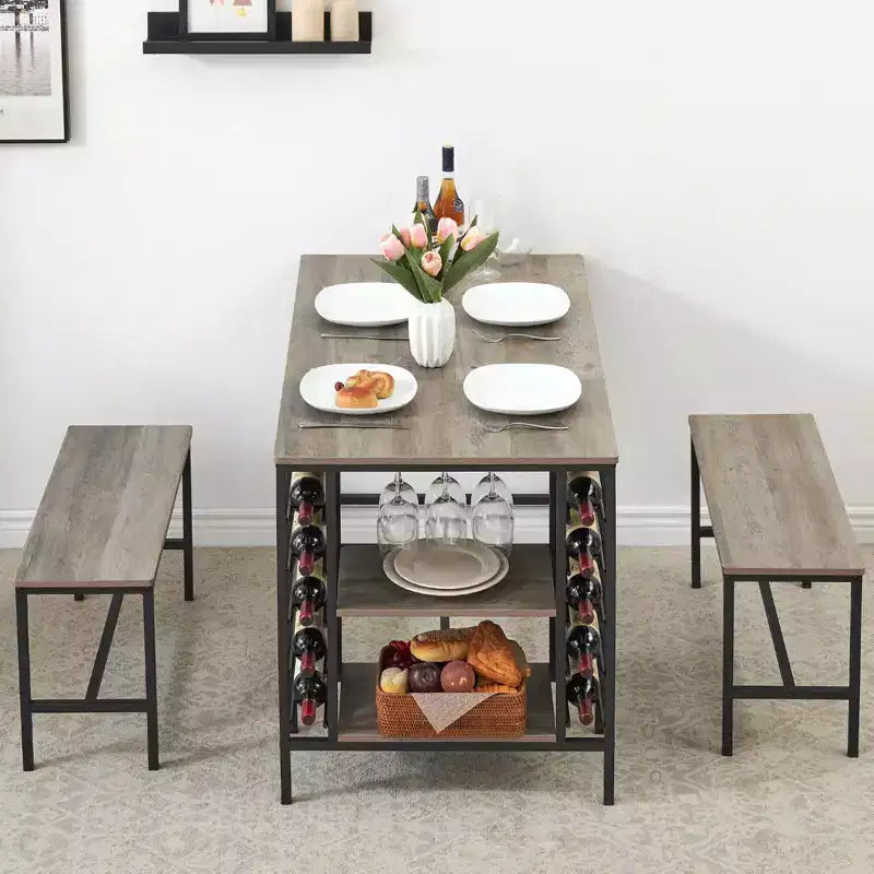 Eetkamertafelset voor 4 personen, keukentafel met 2 banken, wijnrek en opbergplank, rechthoekige eetkamerset, 3-delige eetkamertafelset