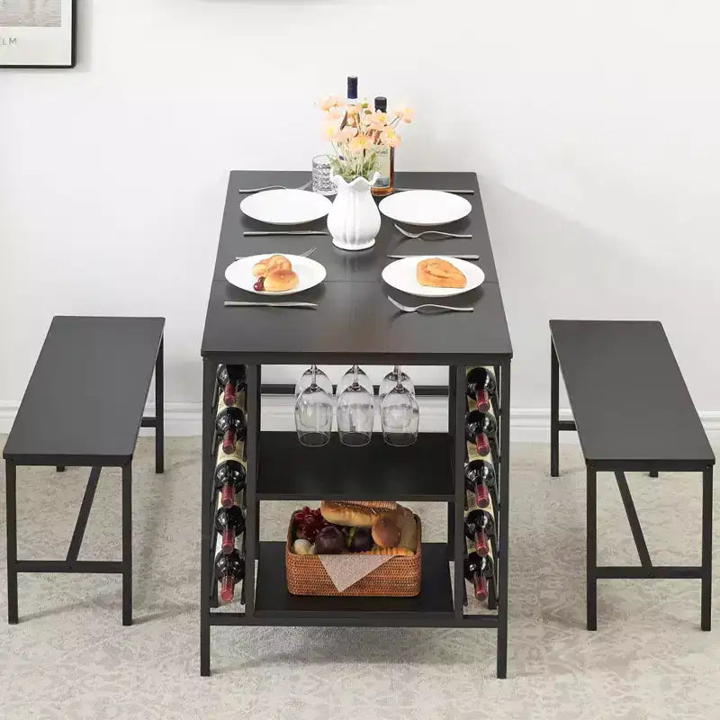 Eetkamertafelset voor 4 personen, keukentafel met 2 banken, wijnrek en opbergplank, rechthoekige eetkamerset, 3-delige eetkamertafelset