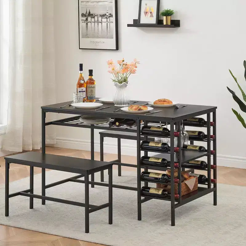 Eetkamertafelset voor 4 personen, keukentafel met 2 banken, wijnrek en opbergplank, rechthoekige eetkamerset, 3-delige eetkamertafelset