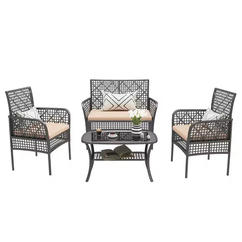 CLIHOME 4 Pieces Outdoor Furniture Set Rattan Patio Conversation Set