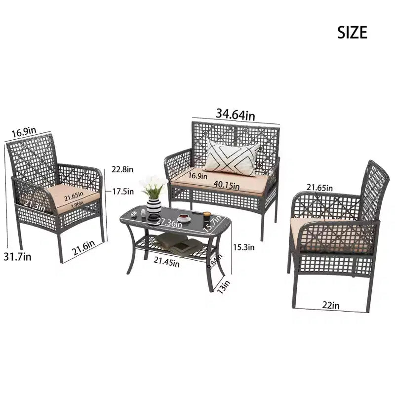 CLIHOME 4 Pieces Outdoor Furniture Set Rattan Patio Conversation Set