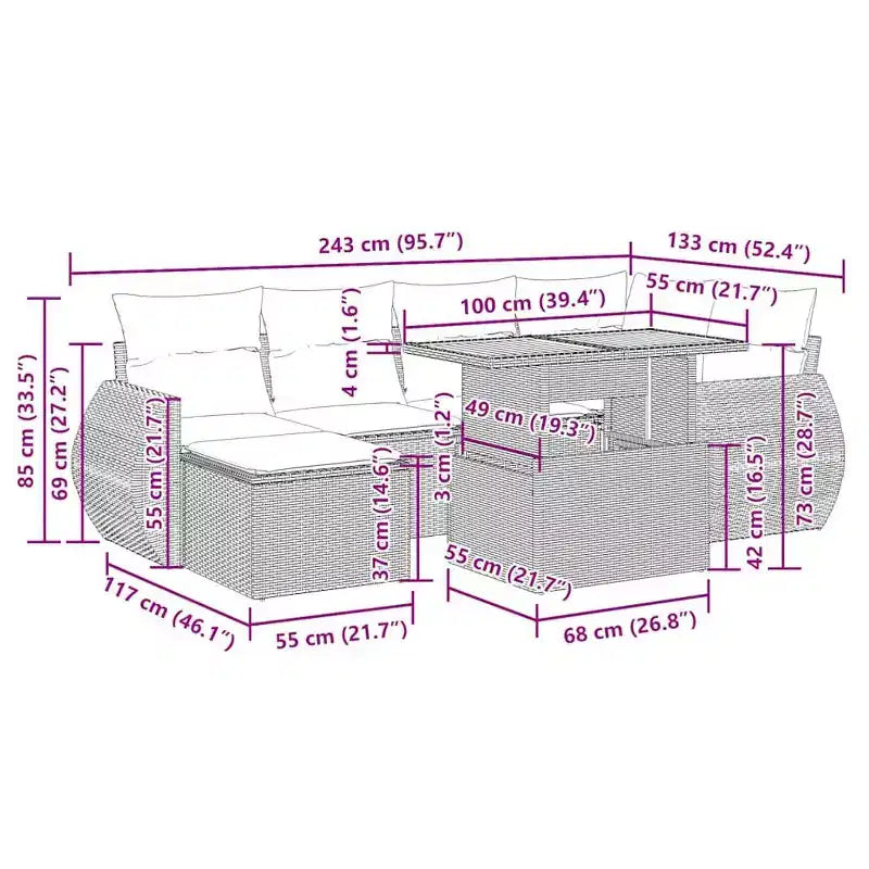 vidaXL Garden Sofa Set PE rattan 7-piece set Adjustable Armrests