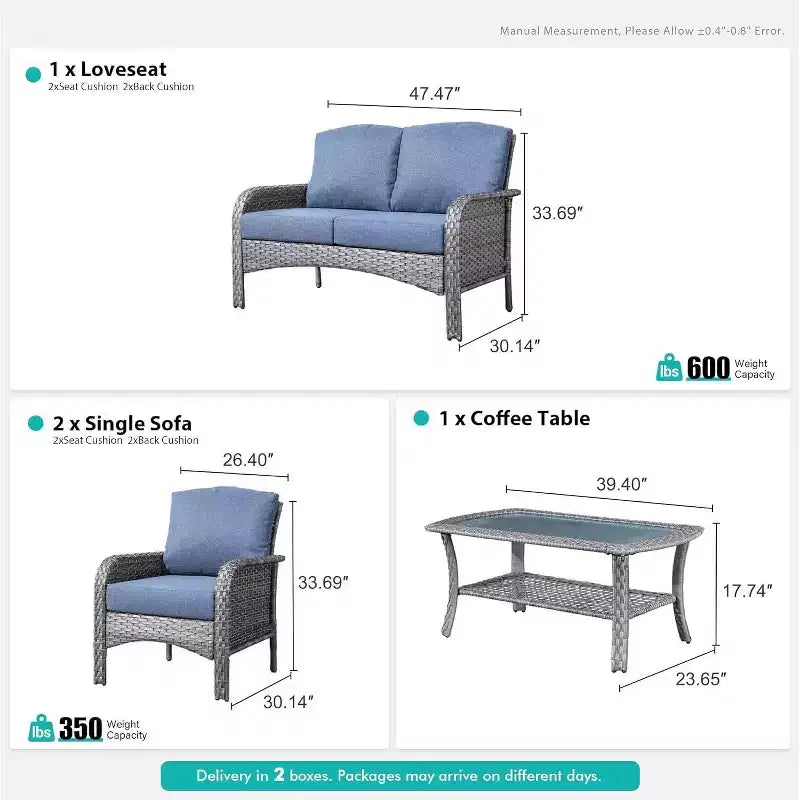 HOMLUX 4-delige loungeset voor buiten, rattanstoelen en -bank van gevlochten kunststof, weerbestendig, hoge rugleuning