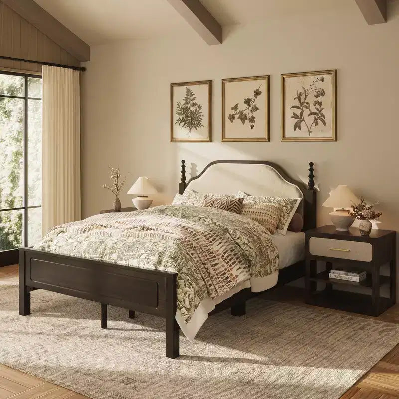 Slaapkamerset in queensize formaat - bedframe van massief hout van 85 met gestoffeerd hoofdbord en 2 nachtkastjes, geen boxspring nodig, voor de slaapkamer - Morden Fort