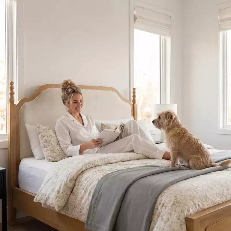 Slaapkamerset in queensize formaat - bedframe van massief hout van 85 met gestoffeerd hoofdbord en 2 nachtkastjes, geen boxspring nodig, voor de slaapkamer - Morden Fort