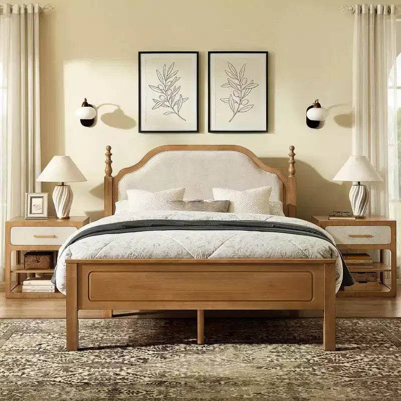 Queen Bedroom Sets Furniture-85 Solid Wood Bed Frame with Upholstered Headboard & 2 Nightstands, No Box Spring Needed, For Bedroom-Morden Fort