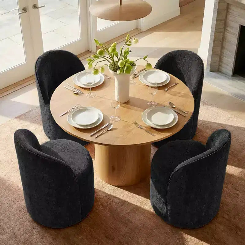 Dining Table Set for 4, Modern Barrel Chair with Wheels and Chenille Upholstery, Round Pedestal Table for Small-Dining Areas-Panipeachy
