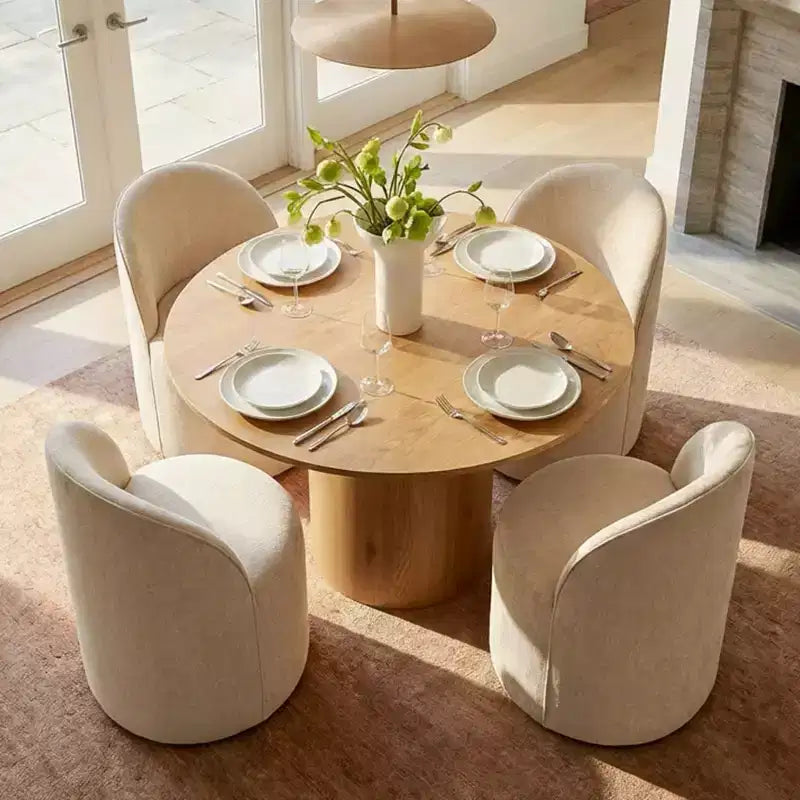 Dining Table Set for 4, Modern Barrel Chair with Wheels and Chenille Upholstery, Round Pedestal Table for Small-Dining Areas-Panipeachy