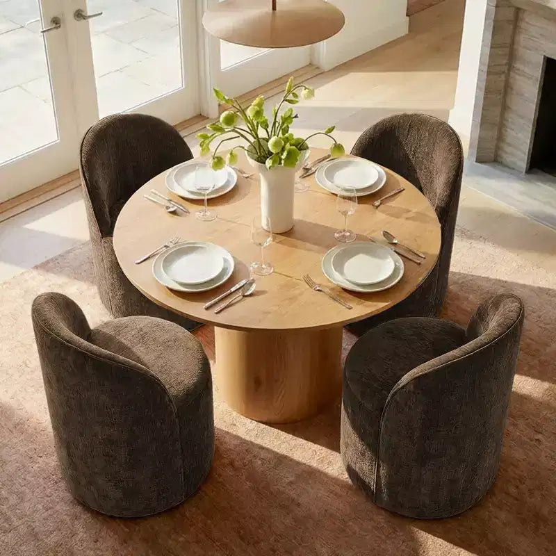 Dining Table Set for 4, Modern Barrel Chair with Wheels and Chenille Upholstery, Round Pedestal Table for Small-Dining Areas-Panipeachy