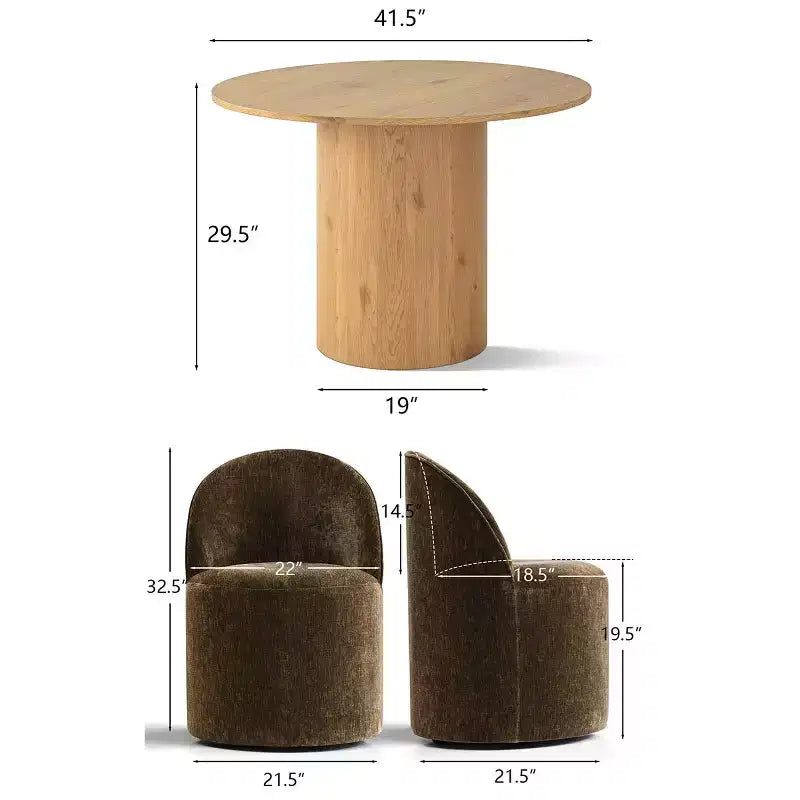 Dining Table Set for 4, Modern Barrel Chair with Wheels and Chenille Upholstery, Round Pedestal Table for Small-Dining Areas-Panipeachy