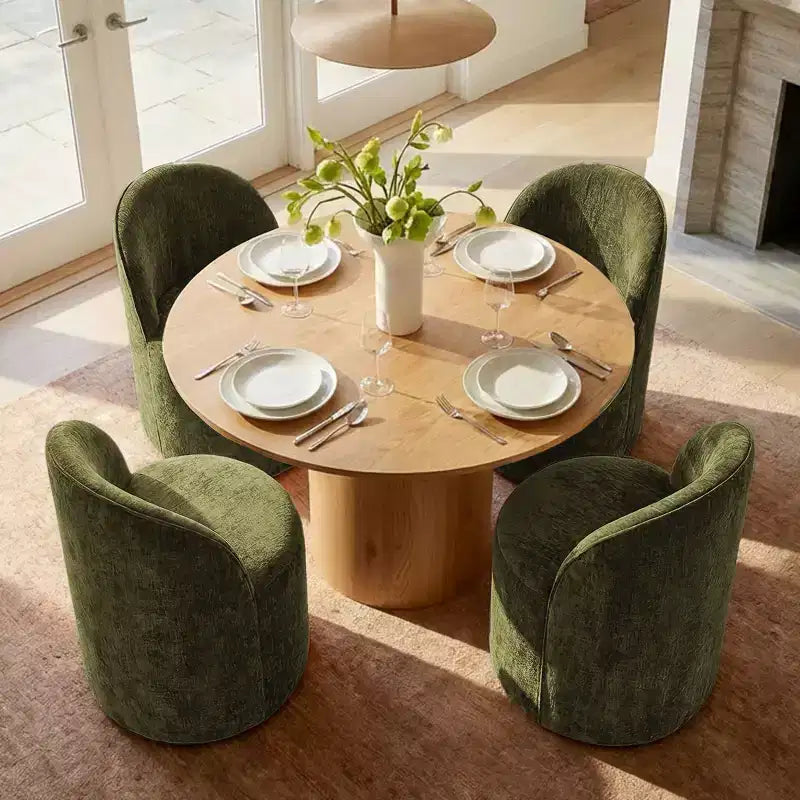 Dining Table Set for 4, Modern Barrel Chair with Wheels and Chenille Upholstery, Round Pedestal Table for Small-Dining Areas-Panipeachy