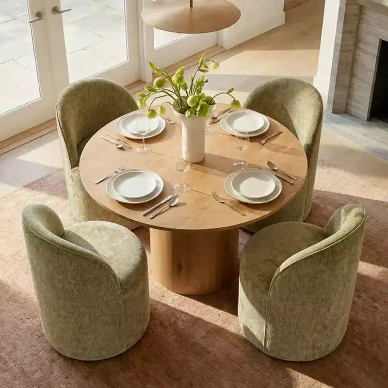 Dining Table Set for 4, Modern Barrel Chair with Wheels and Chenille Upholstery, Round Pedestal Table for Small-Dining Areas-Panipeachy