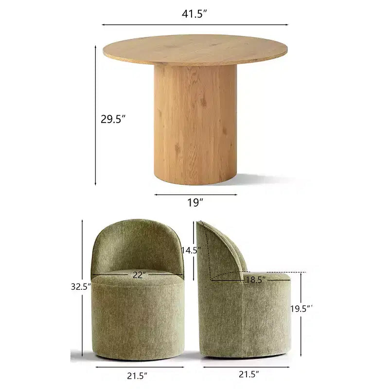Dining Table Set for 4, Modern Barrel Chair with Wheels and Chenille Upholstery, Round Pedestal Table for Small-Dining Areas-Panipeachy