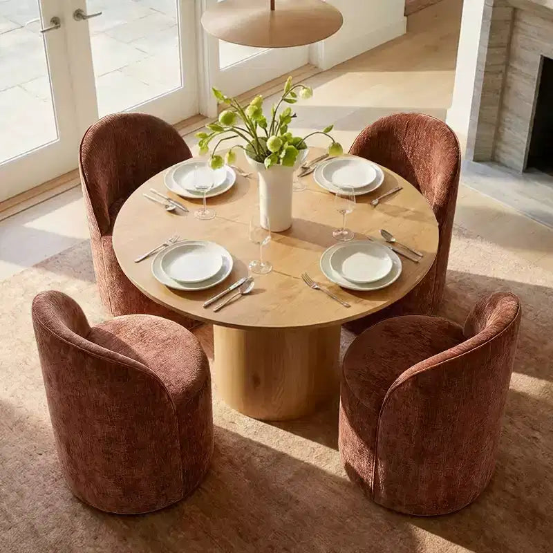 Dining Table Set for 4, Modern Barrel Chair with Wheels and Chenille Upholstery, Round Pedestal Table for Small-Dining Areas-Panipeachy