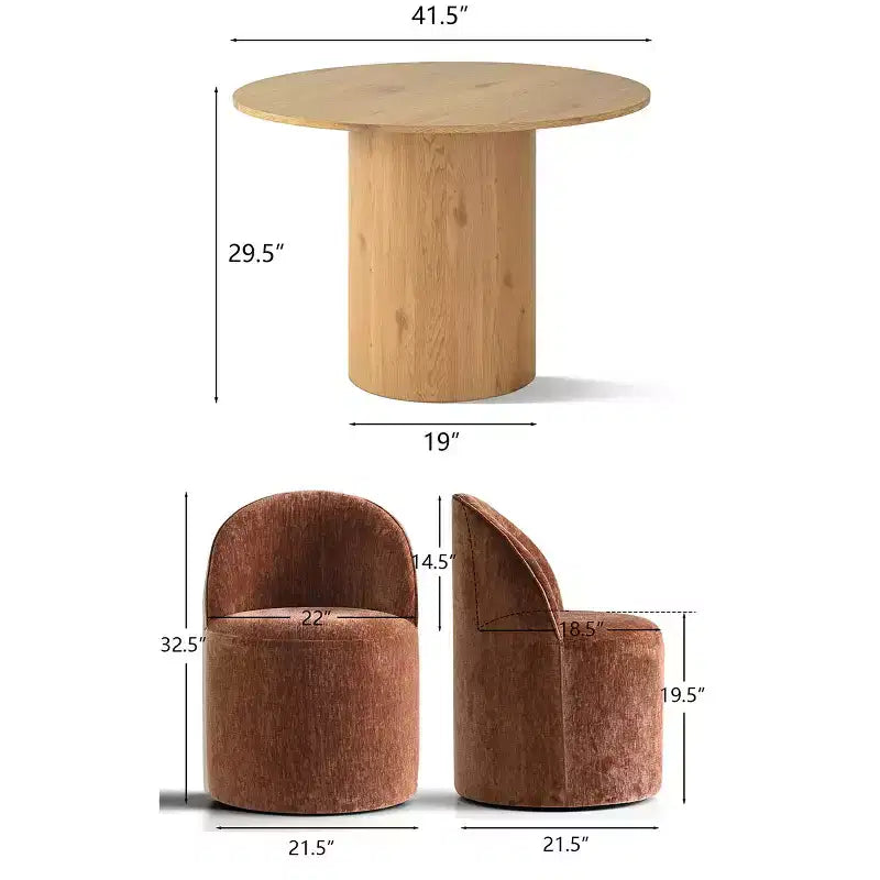 Dining Table Set for 4, Modern Barrel Chair with Wheels and Chenille Upholstery, Round Pedestal Table for Small-Dining Areas-Panipeachy
