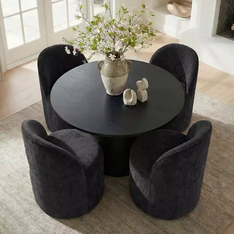 5-Piece Dining Table Set for 4, Modern Barrel Chair with Wheels and Chenille Upholstery, Black Round Pedestal Table-Panipeachy