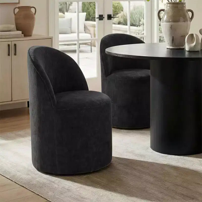 5-Piece Dining Table Set for 4, Modern Barrel Chair with Wheels and Chenille Upholstery, Black Round Pedestal Table-Panipeachy
