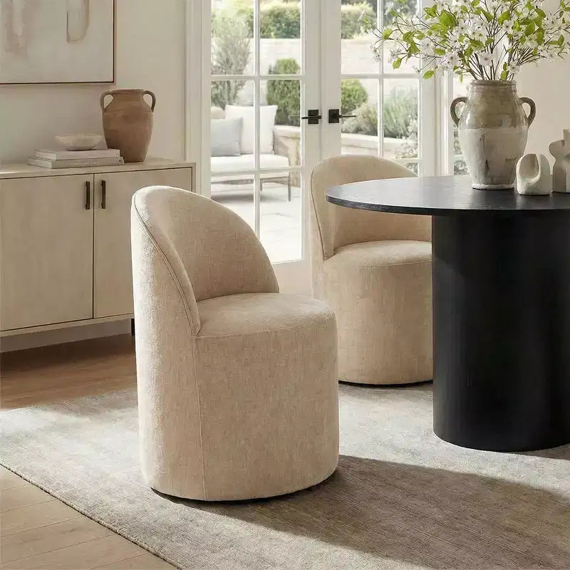 5-Piece Dining Table Set for 4, Modern Barrel Chair with Wheels and Chenille Upholstery, Black Round Pedestal Table-Panipeachy