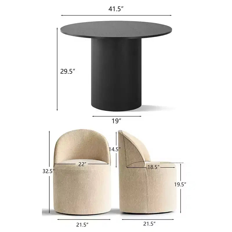 5-Piece Dining Table Set for 4, Modern Barrel Chair with Wheels and Chenille Upholstery, Black Round Pedestal Table-Panipeachy