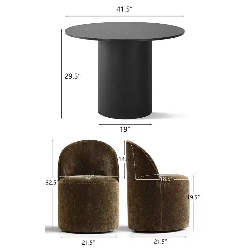 5-Piece Dining Table Set for 4, Modern Barrel Chair with Wheels and Chenille Upholstery, Black Round Pedestal Table-Panipeachy