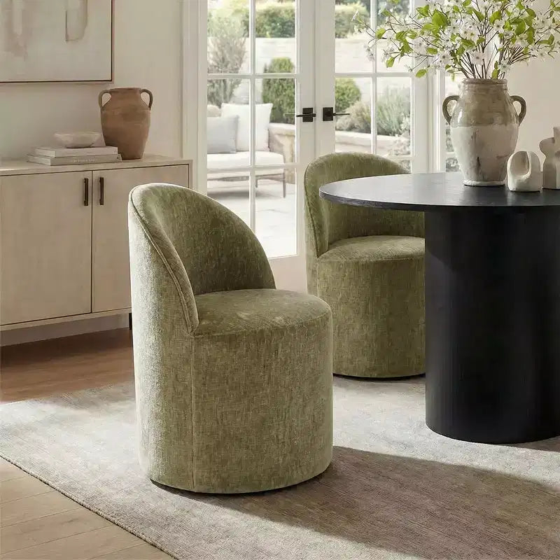 5-Piece Dining Table Set for 4, Modern Barrel Chair with Wheels and Chenille Upholstery, Black Round Pedestal Table-Panipeachy