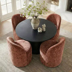 5-Piece Dining Table Set for 4, Modern Barrel Chair with Wheels and Chenille Upholstery, Black Round Pedestal Table-Panipeachy