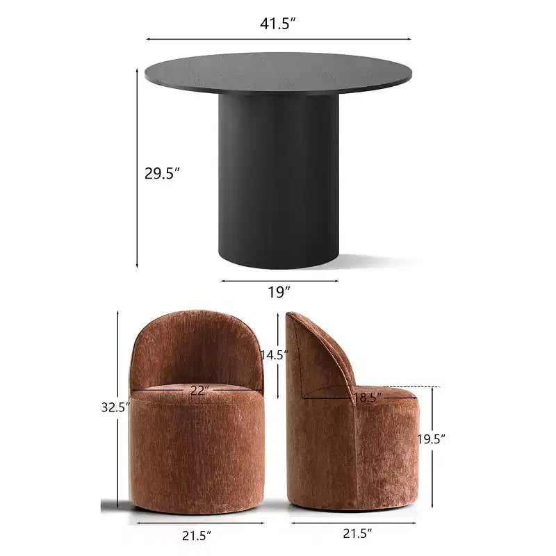 5-Piece Dining Table Set for 4, Modern Barrel Chair with Wheels and Chenille Upholstery, Black Round Pedestal Table-Panipeachy