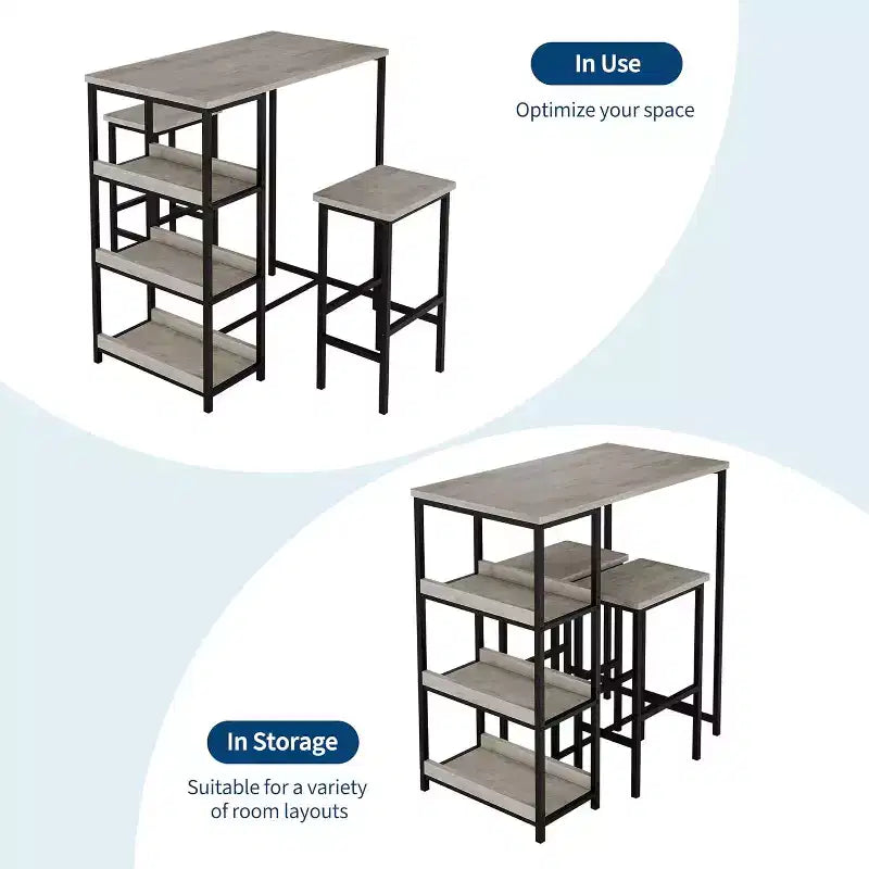 3-Piece Kitchen Table Set with Storage Shelves & 2 Bar Stools - Iron and Wood Dining Table for Small Spaces, Apartments, Condos