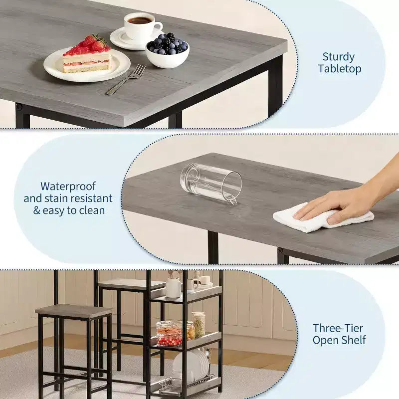 3-Piece Kitchen Table Set with Storage Shelves & 2 Bar Stools - Iron and Wood Dining Table for Small Spaces, Apartments, Condos