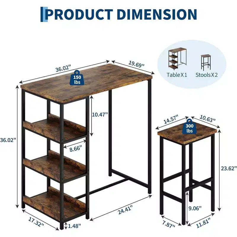3-Piece Kitchen Table Set with Storage Shelves & 2 Bar Stools - Iron and Wood Dining Table for Small Spaces, Apartments, Condos
