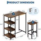 3-Piece Kitchen Table Set with Storage Shelves & 2 Bar Stools - Iron and Wood Dining Table for Small Spaces, Apartments, Condos