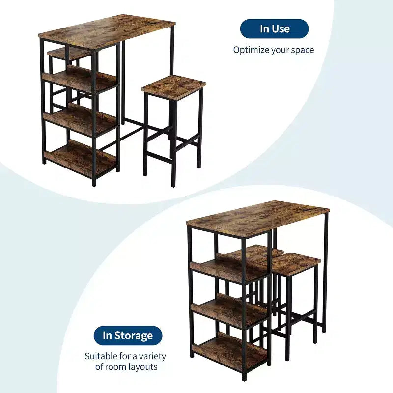 3-Piece Kitchen Table Set with Storage Shelves & 2 Bar Stools - Iron and Wood Dining Table for Small Spaces, Apartments, Condos