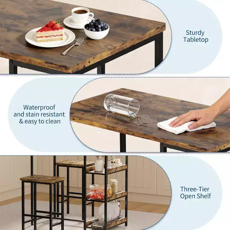 3-Piece Kitchen Table Set with Storage Shelves & 2 Bar Stools - Iron and Wood Dining Table for Small Spaces, Apartments, Condos