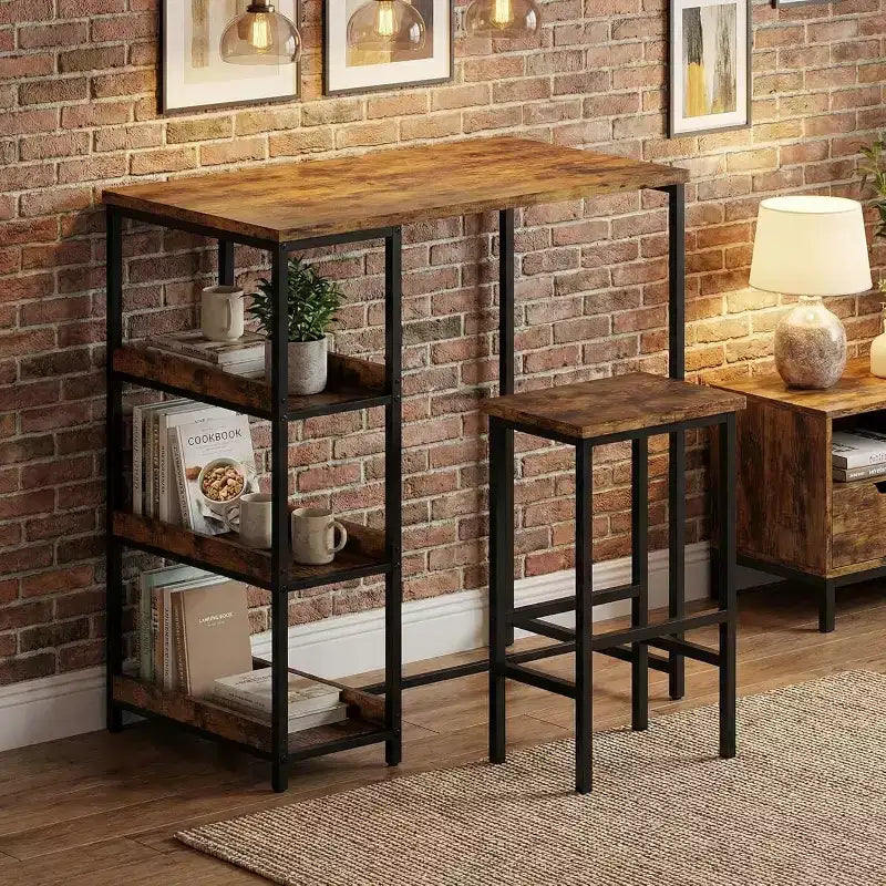 3-Piece Kitchen Table Set with Storage Shelves & 2 Bar Stools - Iron and Wood Dining Table for Small Spaces, Apartments, Condos