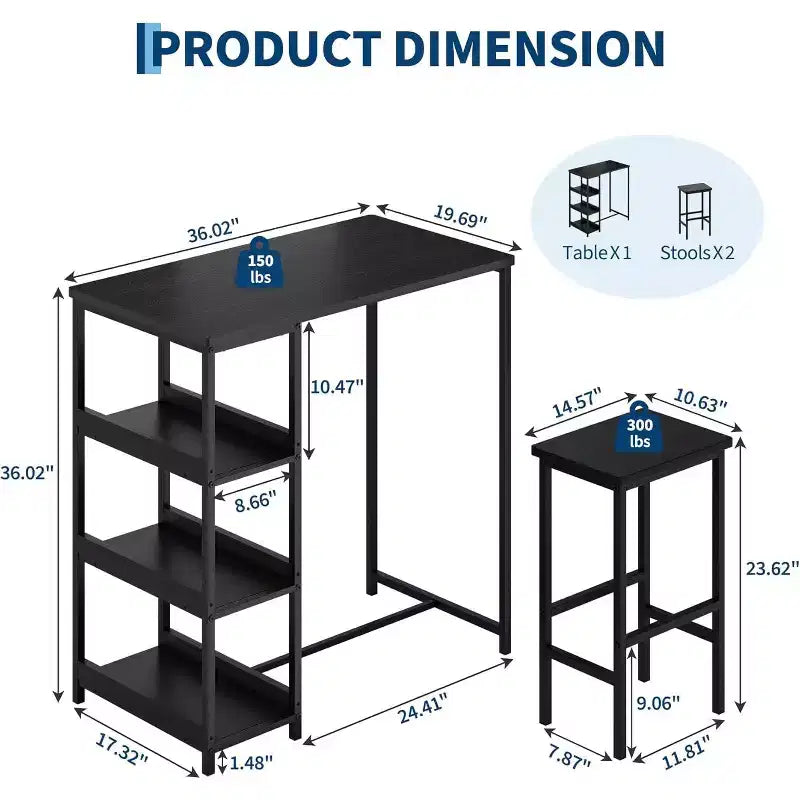 3-Piece Kitchen Table Set with Storage Shelves & 2 Bar Stools - Iron and Wood Dining Table for Small Spaces, Apartments, Condos