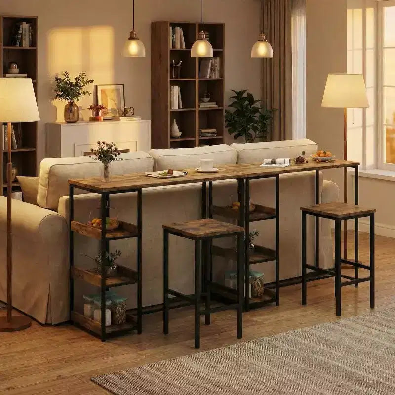 3-Piece Kitchen Table Set with Storage Shelves & 2 Bar Stools - Iron and Wood Dining Table for Small Spaces, Apartments, Condos