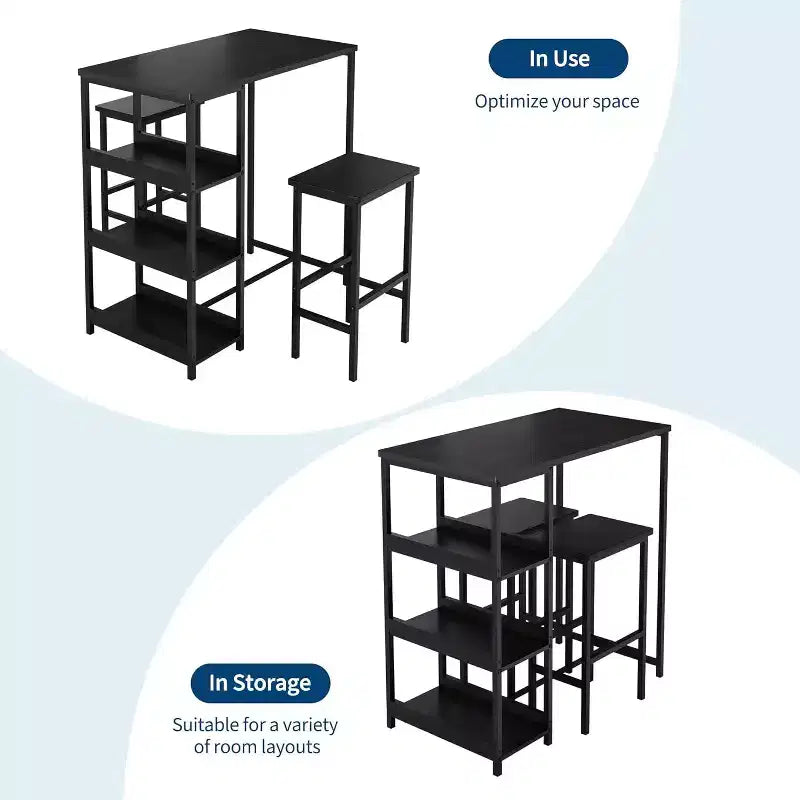 3-Piece Kitchen Table Set with Storage Shelves & 2 Bar Stools - Iron and Wood Dining Table for Small Spaces, Apartments, Condos
