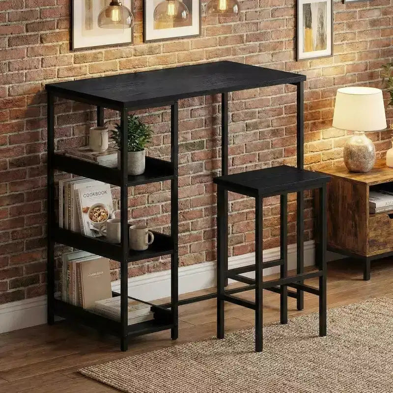 3-Piece Kitchen Table Set with Storage Shelves & 2 Bar Stools - Iron and Wood Dining Table for Small Spaces, Apartments, Condos