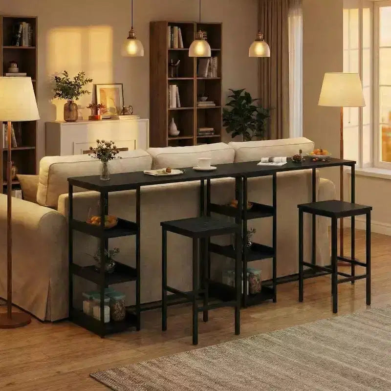 3-Piece Kitchen Table Set with Storage Shelves & 2 Bar Stools - Iron and Wood Dining Table for Small Spaces, Apartments, Condos