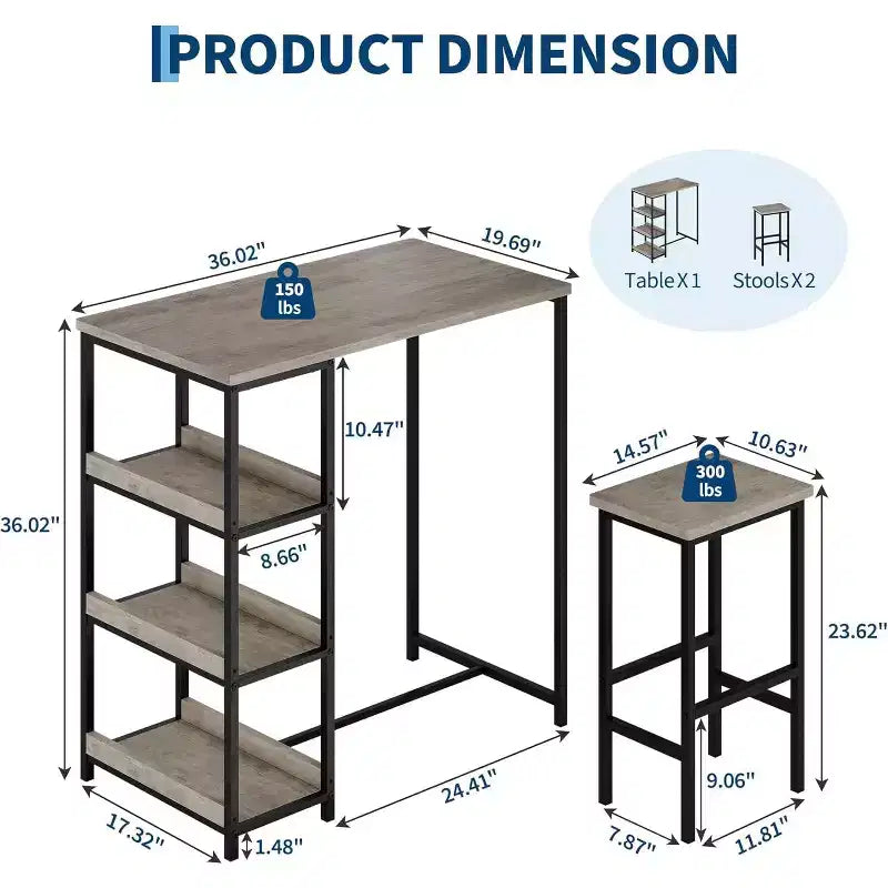 3-Piece Kitchen Table Set with Storage Shelves & 2 Bar Stools - Iron and Wood Dining Table for Small Spaces, Apartments, Condos