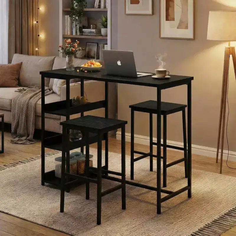 3-Piece Kitchen Table Set with Storage Shelves & 2 Bar Stools - Iron and Wood Dining Table for Small Spaces, Apartments, Condos