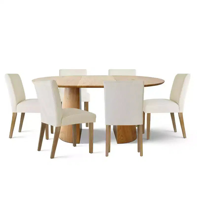 47-83 Extendable Dining Table Set for 6, Natural Wood-Tone Table and 6 Linen Armless Chairs with Solid Wood Legs for Dining Room-Panipeachy