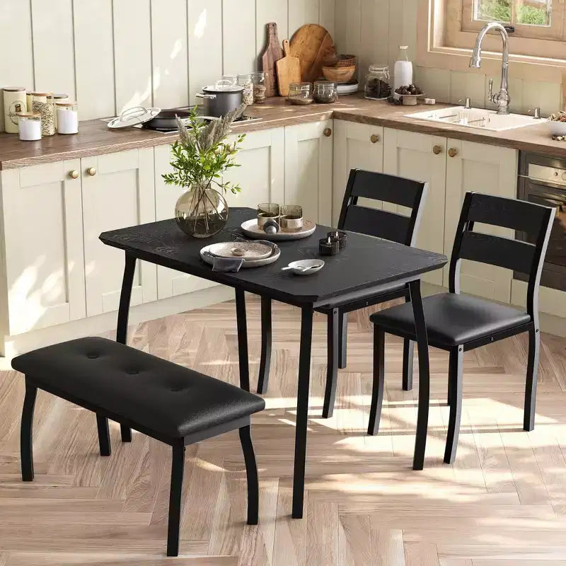 Eettafelset voor 4 personen, stevige houten keukentafel met afgeschuind ontwerp en metalen poten, gestoffeerde bank en 2 klassieke eetkamerstoelen, keuken- en eetset