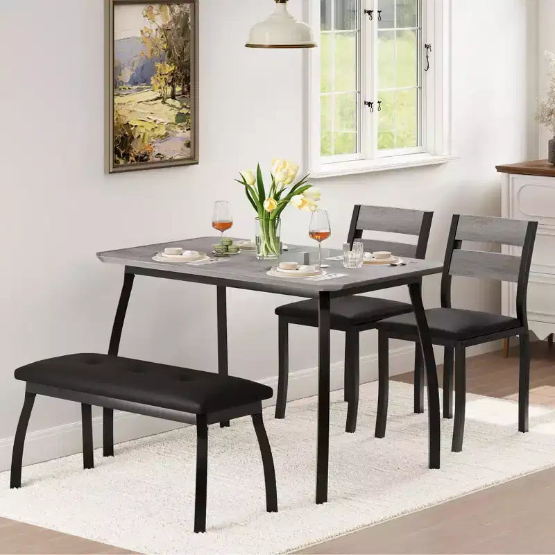 Eettafelset voor 4 personen, stevige houten keukentafel met afgeschuind ontwerp en metalen poten, gestoffeerde bank en 2 klassieke eetkamerstoelen, keuken- en eetset