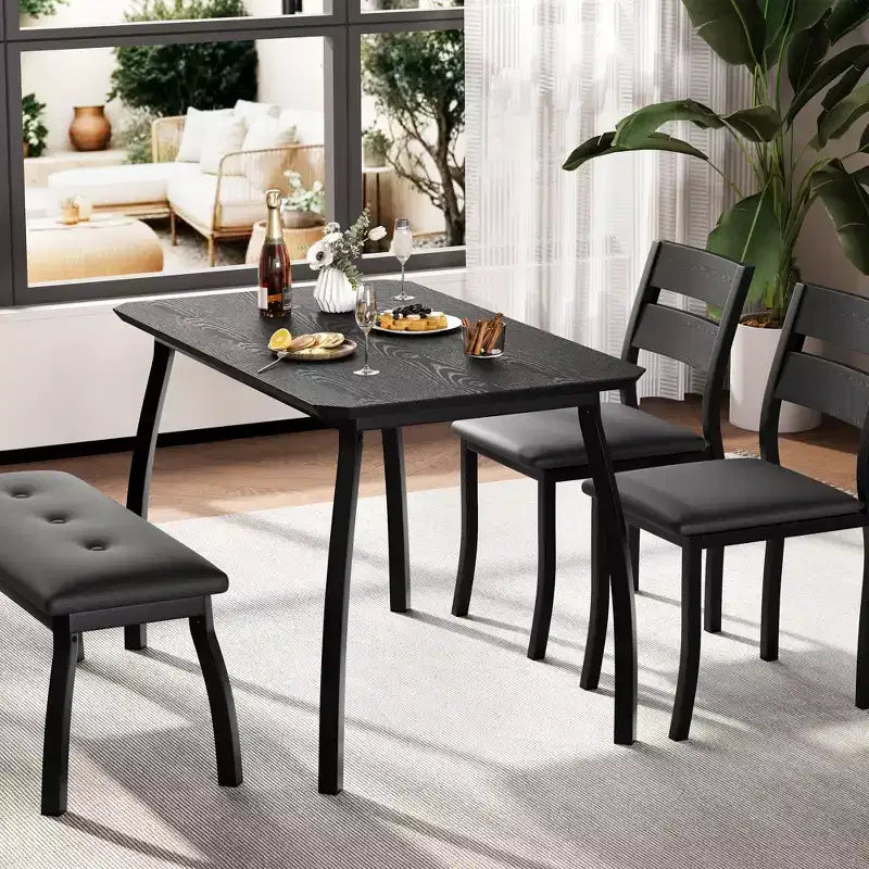Eettafelset voor 4 personen, stevige houten keukentafel met afgeschuind ontwerp en metalen poten, gestoffeerde bank en 2 klassieke eetkamerstoelen, keuken- en eetset
