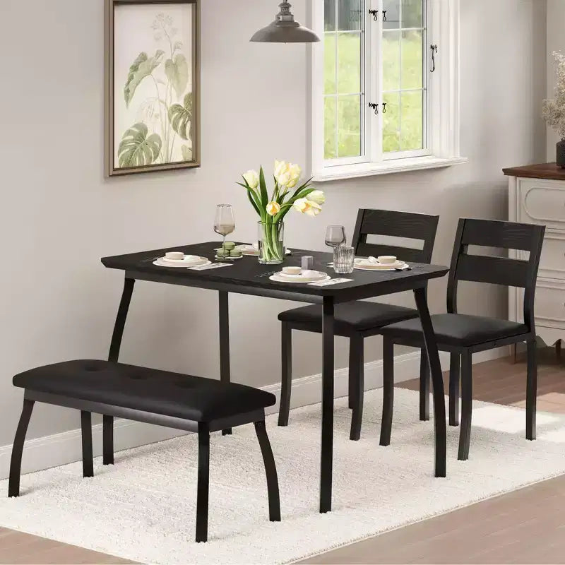 Eettafelset voor 4 personen, stevige houten keukentafel met afgeschuind ontwerp en metalen poten, gestoffeerde bank en 2 klassieke eetkamerstoelen, keuken- en eetset