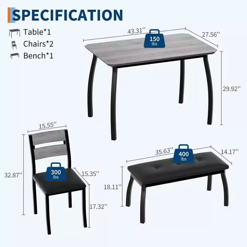 Eettafelset voor 4 personen, stevige houten keukentafel met afgeschuind ontwerp en metalen poten, gestoffeerde bank en 2 klassieke eetkamerstoelen, keuken- en eetset